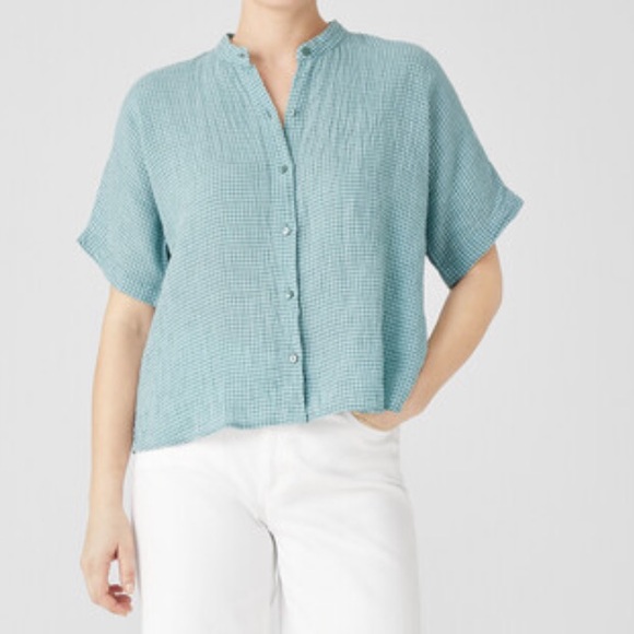 Eileen Fisher Puckered Organic Linen Short Sleeve Blue Shirt SIZE XL - Picture 1 of 5